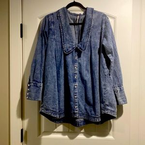 Free People Ruffle Collar Denim Swing Blouse - Lightest Indigo Blue - XS